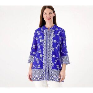 Susan Graver Passport Printed Rayon Woven 3/4 Sleeve Duster Size S Blue A602030